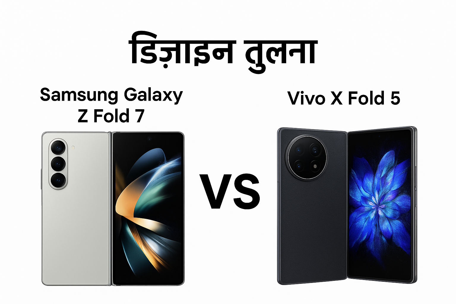 Samsung Galaxy Z Fold 7 और Vivo X Fold 5 का डिजाइन तुलना – फोल्डेबल फोन फ्रंट और बैक व्यू हिंदी में