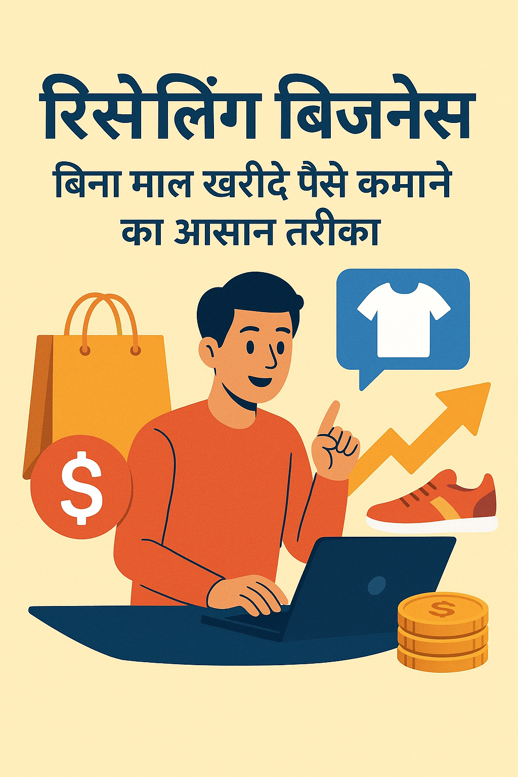 "रिसेलिंग बिज़नेस: बिना माल खरीदे पैसे कमाने का आसान तरीका – एक युवक लैपटॉप पर काम करते हुए, शॉपिंग बैग, जूते, कपड़े और सिक्कों के आइकन के साथ।"